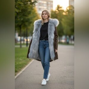 Olive Green Utility Parka Coat w/ Removable Faux Fur Vest & Hood | Small